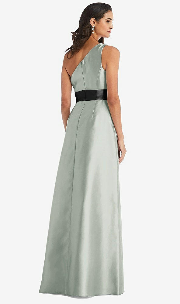 Back View - Willow Green & Black One-Shoulder Bow-Waist Maxi Dress with Pockets