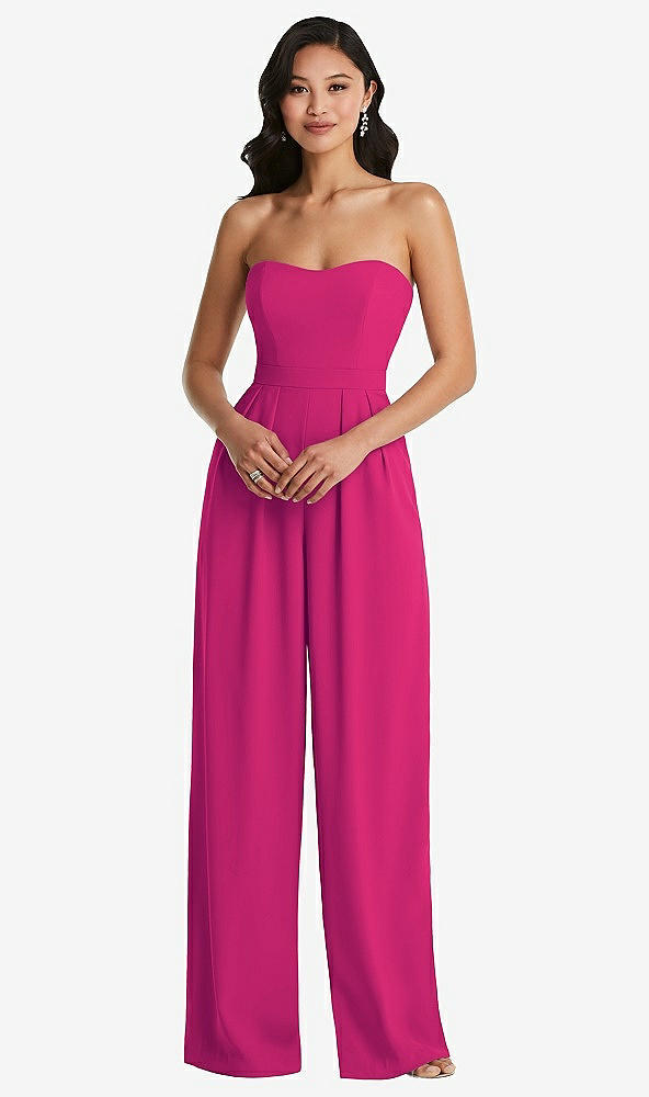 Front View - Think Pink Strapless Pleated Front Jumpsuit with Pockets
