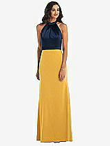 Alt View 1 Thumbnail - NYC Yellow & Midnight Navy High-Neck Open-Back Maxi Dress with Scarf Tie