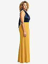 Side View Thumbnail - NYC Yellow & Midnight Navy High-Neck Open-Back Maxi Dress with Scarf Tie
