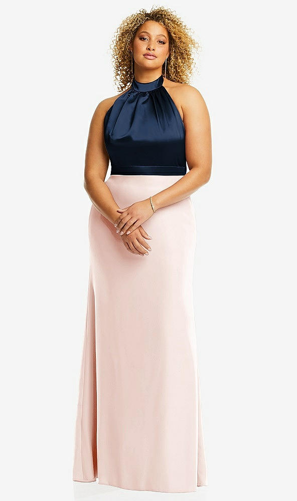 Front View - Blush & Midnight Navy High-Neck Open-Back Maxi Dress with Scarf Tie