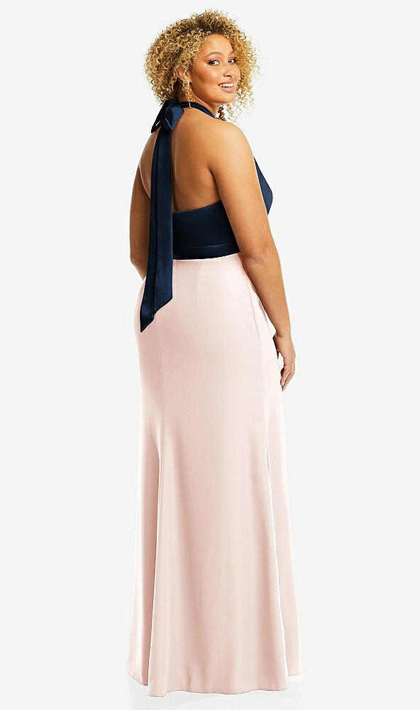 Back View - Blush & Midnight Navy High-Neck Open-Back Maxi Dress with Scarf Tie
