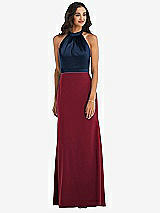 Alt View 1 Thumbnail - Burgundy & Midnight Navy High-Neck Open-Back Maxi Dress with Scarf Tie