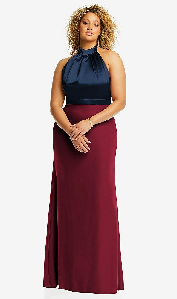 Front View - Burgundy & Midnight Navy High-Neck Open-Back Maxi Dress with Scarf Tie