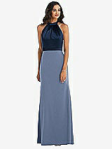 Alt View 1 Thumbnail - Larkspur Blue & Midnight Navy High-Neck Open-Back Maxi Dress with Scarf Tie