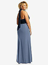 Rear View Thumbnail - Larkspur Blue & Midnight Navy High-Neck Open-Back Maxi Dress with Scarf Tie