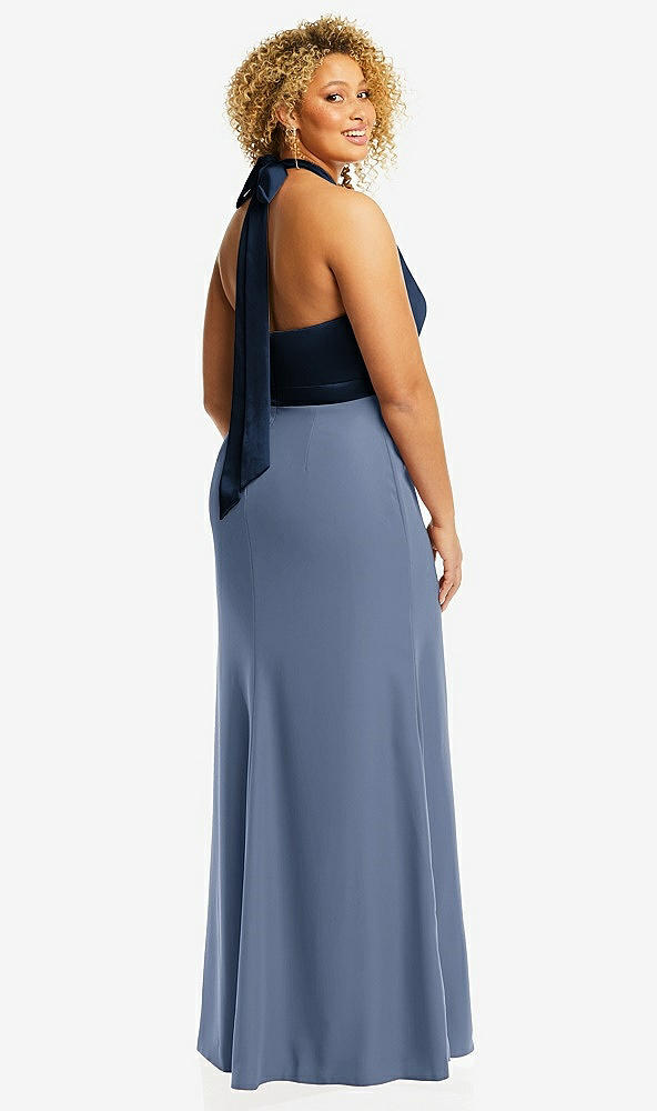 Back View - Larkspur Blue & Midnight Navy High-Neck Open-Back Maxi Dress with Scarf Tie