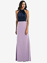 Alt View 1 Thumbnail - Pale Purple & Midnight Navy High-Neck Open-Back Maxi Dress with Scarf Tie