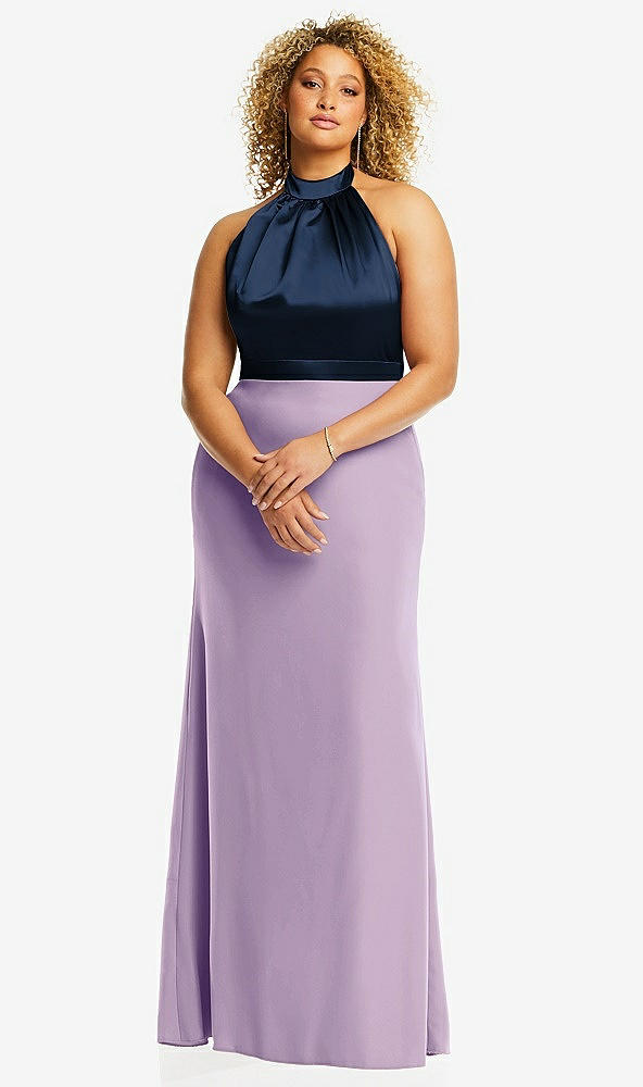 Front View - Pale Purple & Midnight Navy High-Neck Open-Back Maxi Dress with Scarf Tie