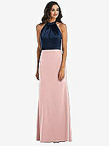 Alt View 1 Thumbnail - Rose - PANTONE Rose Quartz & Midnight Navy High-Neck Open-Back Maxi Dress with Scarf Tie
