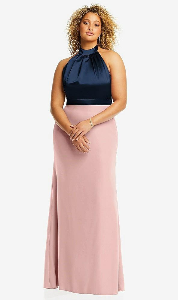 Front View - Rose - PANTONE Rose Quartz & Midnight Navy High-Neck Open-Back Maxi Dress with Scarf Tie