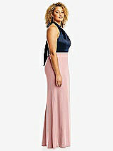 Side View Thumbnail - Rose - PANTONE Rose Quartz & Midnight Navy High-Neck Open-Back Maxi Dress with Scarf Tie