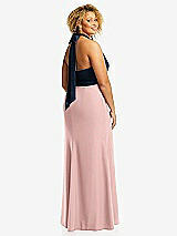 Rear View Thumbnail - Rose - PANTONE Rose Quartz & Midnight Navy High-Neck Open-Back Maxi Dress with Scarf Tie