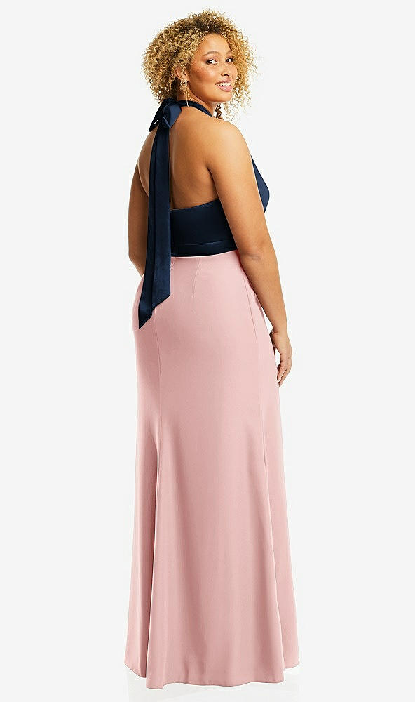 Back View - Rose - PANTONE Rose Quartz & Midnight Navy High-Neck Open-Back Maxi Dress with Scarf Tie