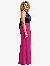 Side View Thumbnail - Think Pink & Midnight Navy High-Neck Open-Back Maxi Dress with Scarf Tie