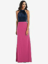Alt View 1 Thumbnail - Tea Rose & Midnight Navy High-Neck Open-Back Maxi Dress with Scarf Tie