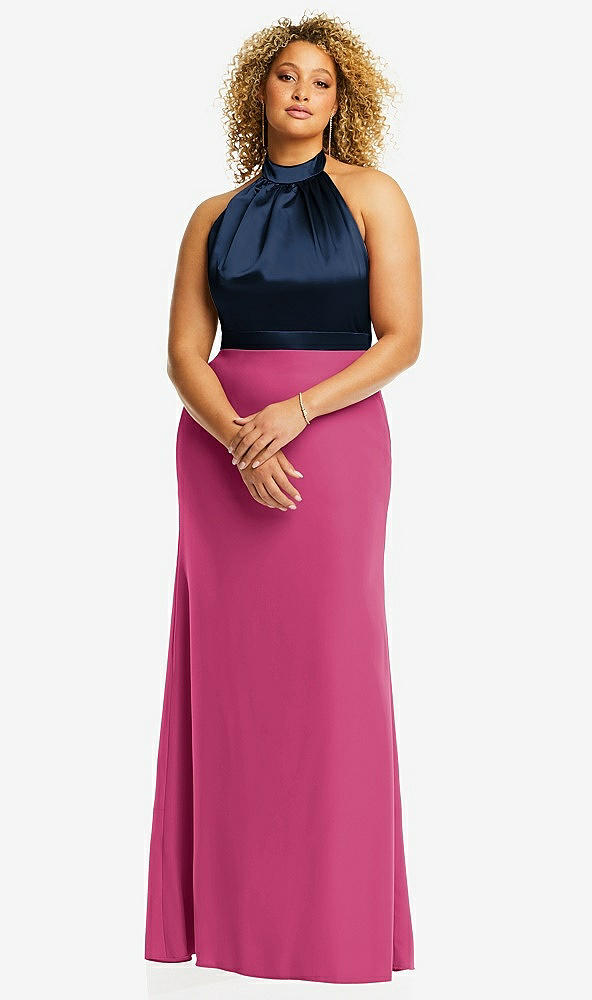Front View - Tea Rose & Midnight Navy High-Neck Open-Back Maxi Dress with Scarf Tie