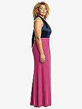 Side View Thumbnail - Tea Rose & Midnight Navy High-Neck Open-Back Maxi Dress with Scarf Tie