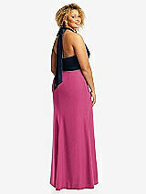 Rear View Thumbnail - Tea Rose & Midnight Navy High-Neck Open-Back Maxi Dress with Scarf Tie