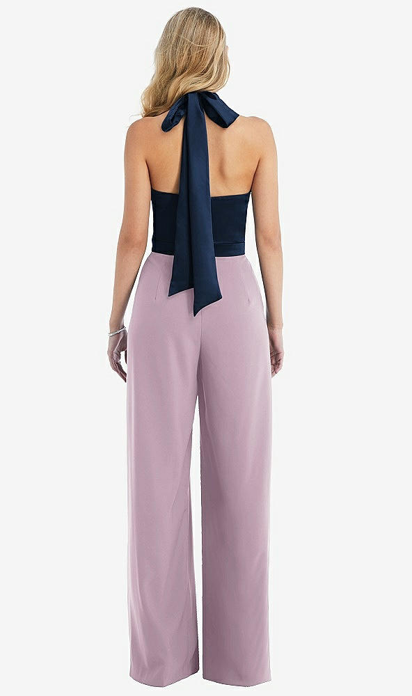 Back View - Suede Rose & Midnight Navy High-Neck Open-Back Jumpsuit with Scarf Tie
