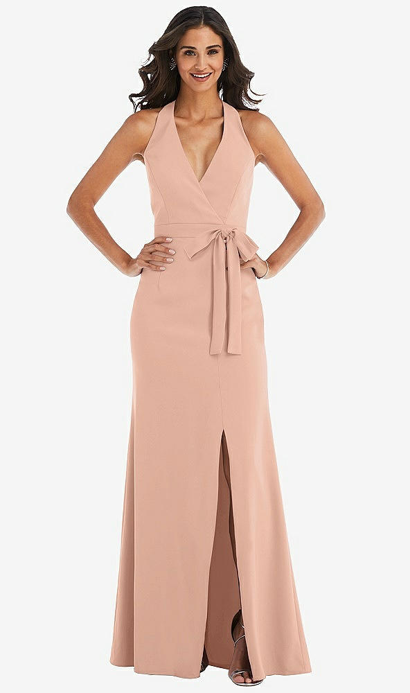 Front View - Pale Peach Open-Back Halter Maxi Dress with Draped Bow