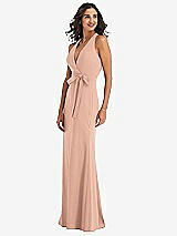 Side View Thumbnail - Pale Peach Open-Back Halter Maxi Dress with Draped Bow