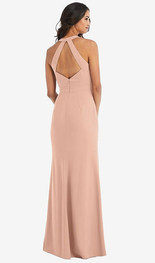 Back View - Pale Peach Open-Back Halter Maxi Dress with Draped Bow