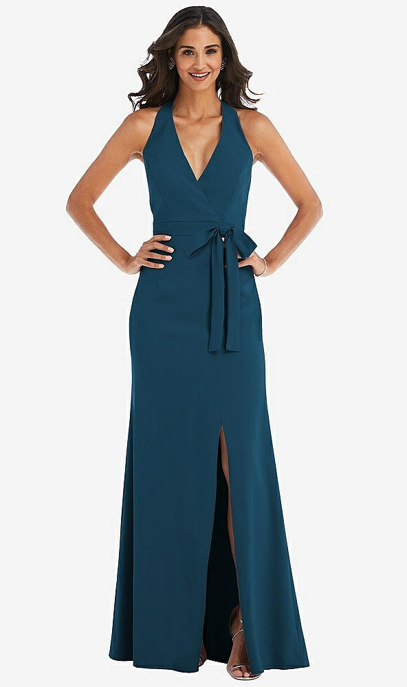 Front View - Atlantic Blue Open-Back Halter Maxi Dress with Draped Bow
