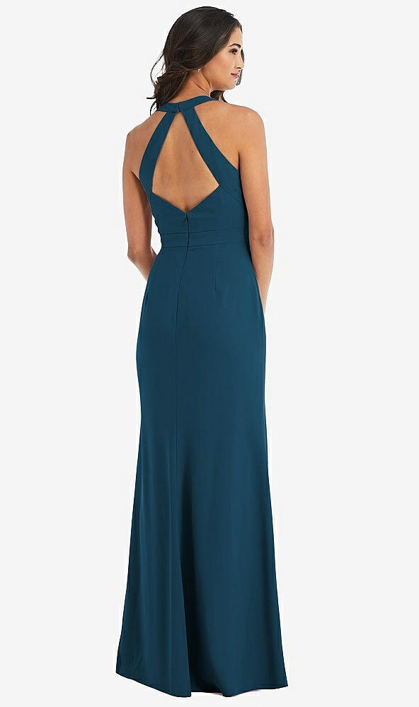 Back View - Atlantic Blue Open-Back Halter Maxi Dress with Draped Bow