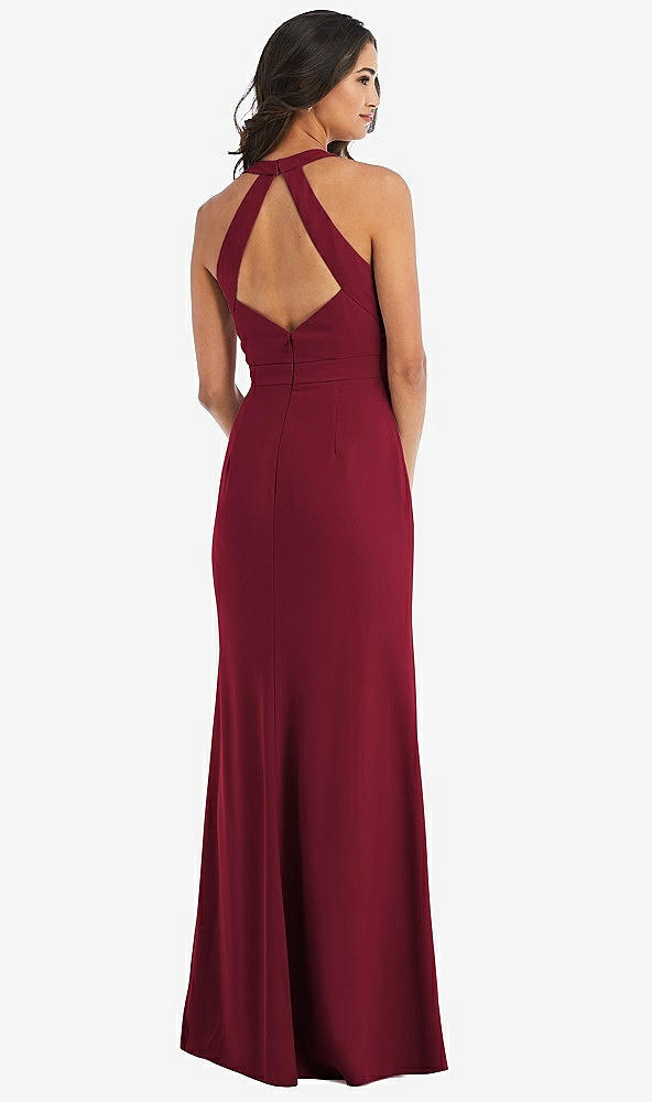 Back View - Burgundy Open-Back Halter Maxi Dress with Draped Bow