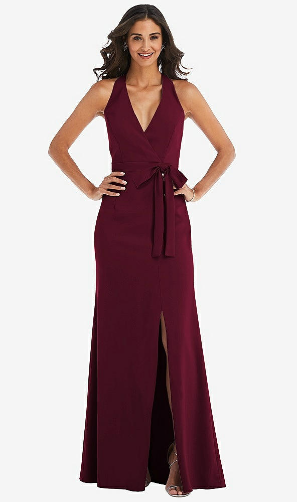 Front View - Cabernet Open-Back Halter Maxi Dress with Draped Bow