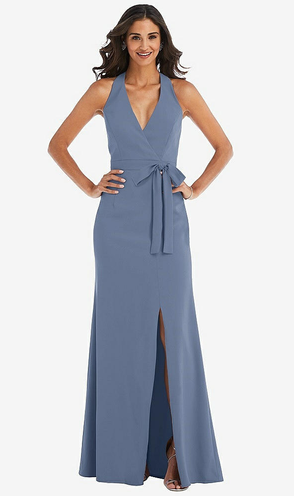 Front View - Larkspur Blue Open-Back Halter Maxi Dress with Draped Bow