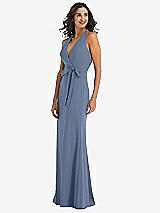 Side View Thumbnail - Larkspur Blue Open-Back Halter Maxi Dress with Draped Bow