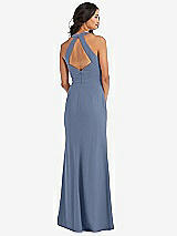 Rear View Thumbnail - Larkspur Blue Open-Back Halter Maxi Dress with Draped Bow