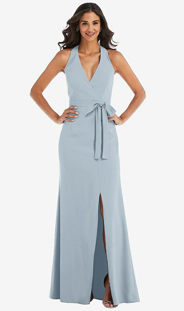 Front View - Mist Open-Back Halter Maxi Dress with Draped Bow