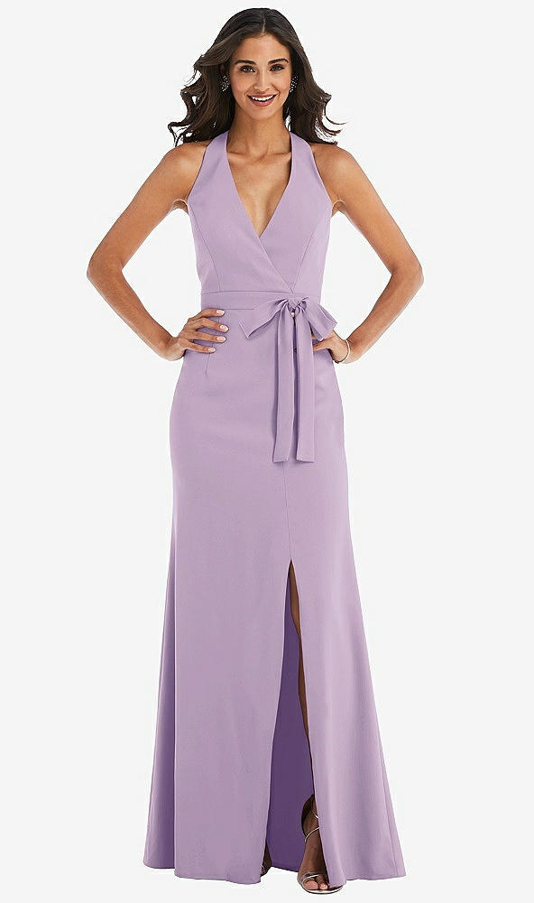 Front View - Pale Purple Open-Back Halter Maxi Dress with Draped Bow