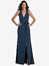 Front View Thumbnail - Sofia Blue Open-Back Halter Maxi Dress with Draped Bow