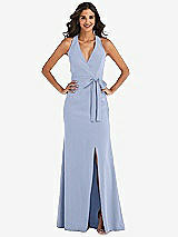 Front View Thumbnail - Sky Blue Open-Back Halter Maxi Dress with Draped Bow