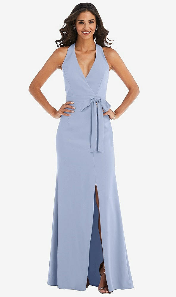 Front View - Sky Blue Open-Back Halter Maxi Dress with Draped Bow