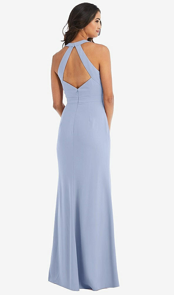 Back View - Sky Blue Open-Back Halter Maxi Dress with Draped Bow