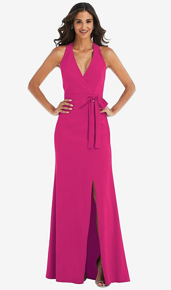 Front View - Think Pink Open-Back Halter Maxi Dress with Draped Bow