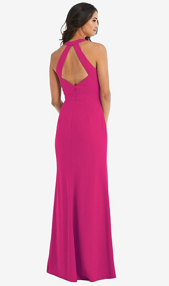 Back View - Think Pink Open-Back Halter Maxi Dress with Draped Bow