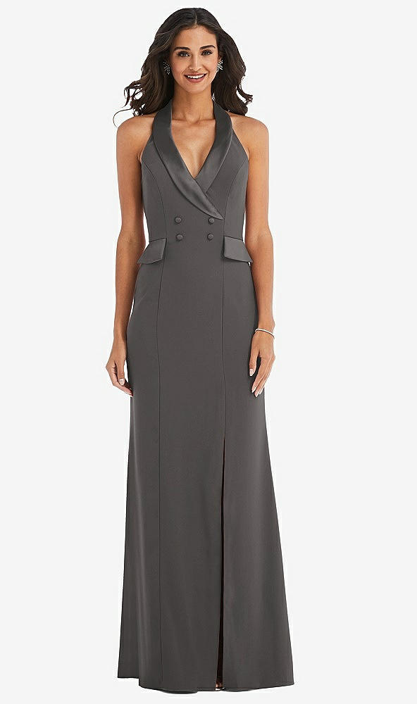 Front View - Caviar Gray Halter Tuxedo Maxi Dress with Front Slit