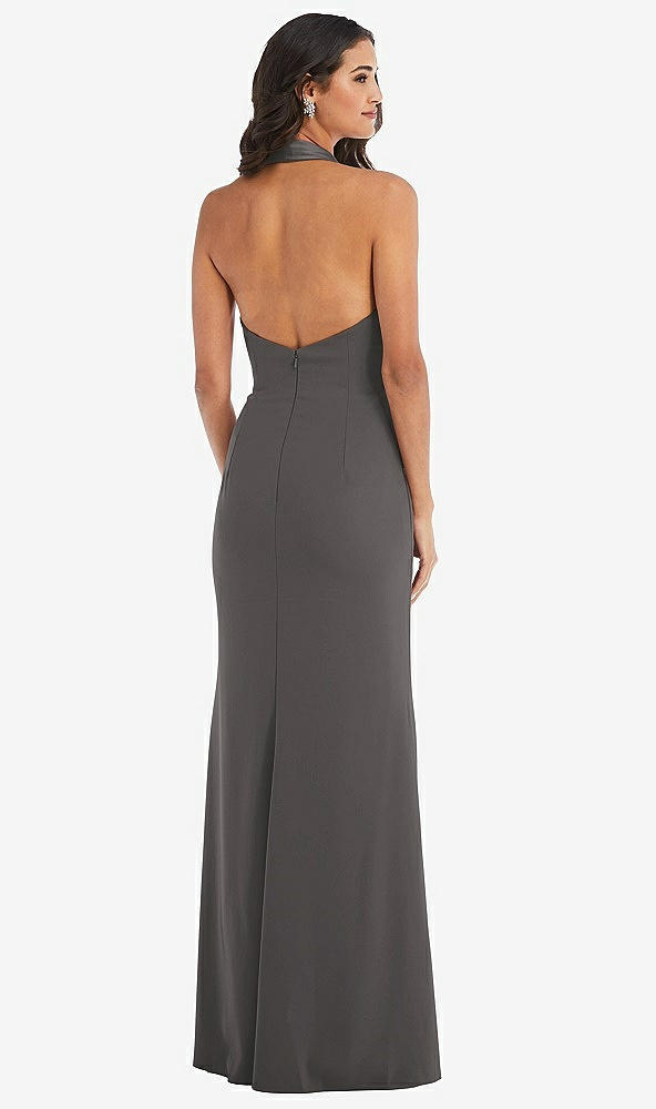 Back View - Caviar Gray Halter Tuxedo Maxi Dress with Front Slit