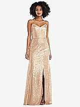 Front View Thumbnail - Rose Gold Spaghetti Strap Sequin Trumpet Gown with Side Slit