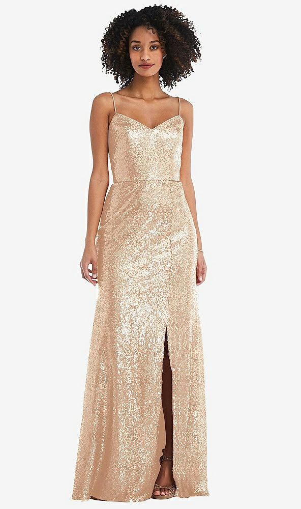 Front View - Rose Gold Spaghetti Strap Sequin Trumpet Gown with Side Slit