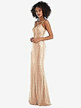 Side View Thumbnail - Rose Gold Spaghetti Strap Sequin Trumpet Gown with Side Slit