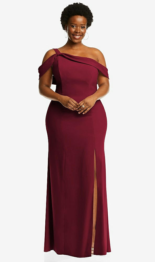Front View - Burgundy One-Shoulder Draped Cuff Maxi Dress with Front Slit