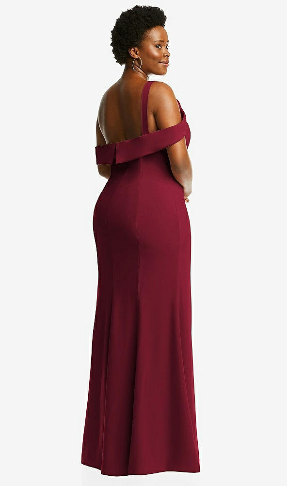 Back View - Burgundy One-Shoulder Draped Cuff Maxi Dress with Front Slit