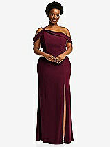 Front View Thumbnail - Cabernet One-Shoulder Draped Cuff Maxi Dress with Front Slit